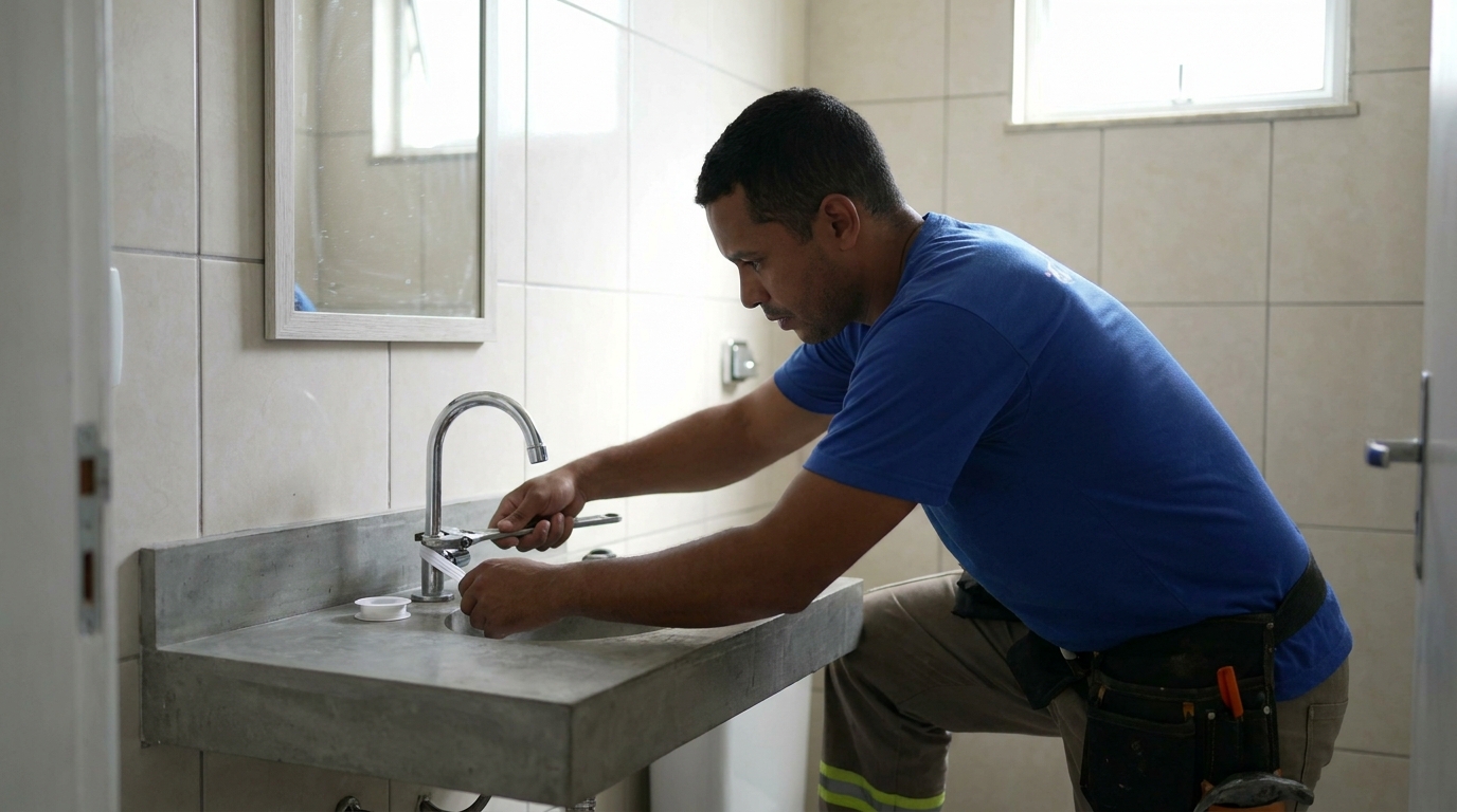 Encanador instalando torneira em Olinda‑PE