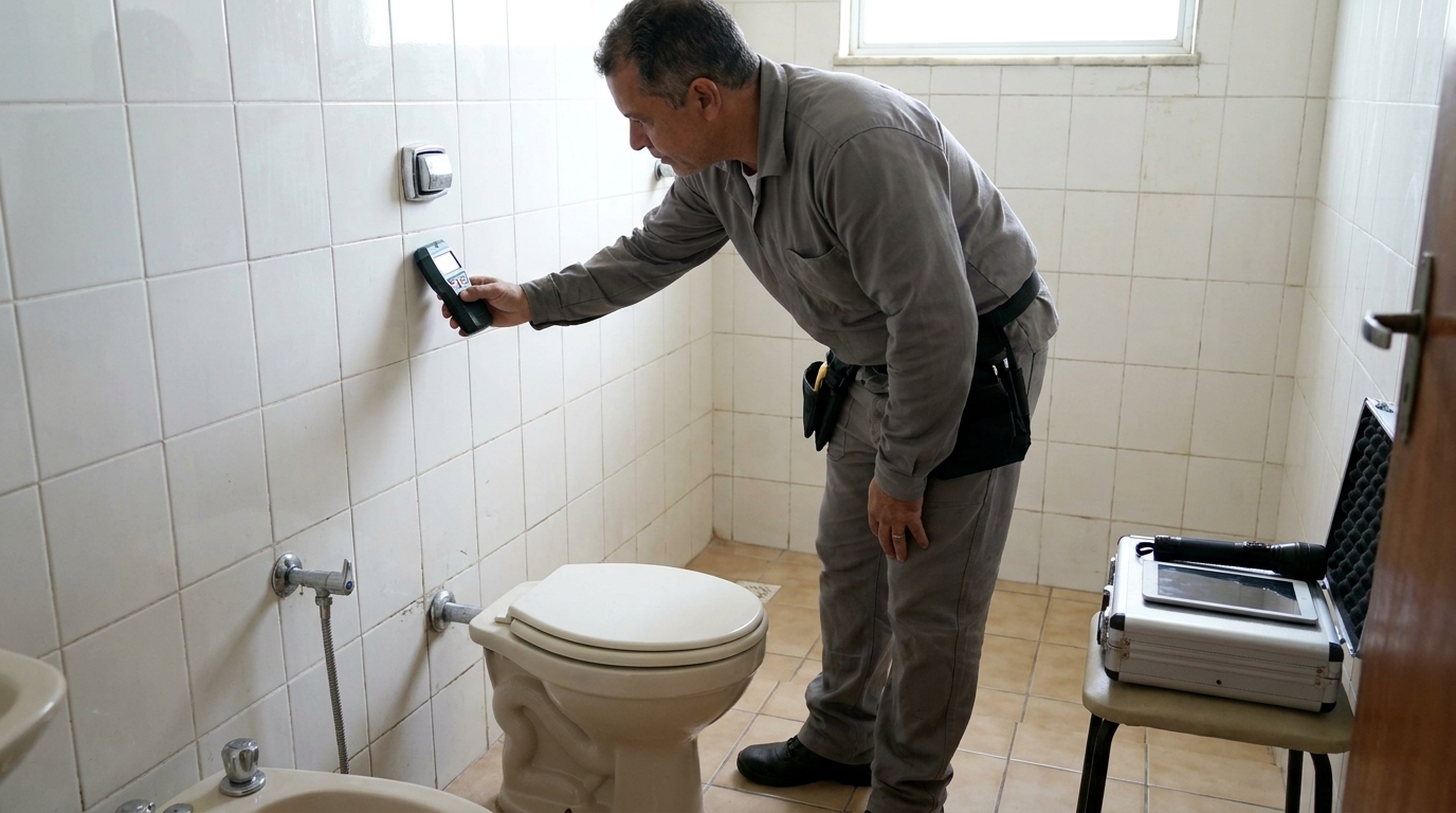 Técnico de caça vazamento analisando tubulação em Olinda‑PE